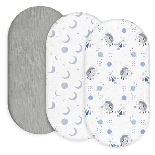 Gllquen Baby Muslin Bassinet Sheets 3 Pack, Breathable Elastic Cozy Fitted Cotton Bassinet Mattress Sheet for Baby Boy Girls, Fit for Hourglass Oval Rectangular Cradle Pad Sheets 33"x17" (Space)