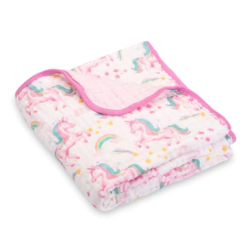 LollyBanks Baby Blanket, 100% Organic Cotton Muslin Baby Quilt for Girls, Large 47 x 47 Inches, 6 Layers Soft and Breathable Toddler Blanket, Cozy Newborn Nursery Blankets, Registry (Unicorn Print)