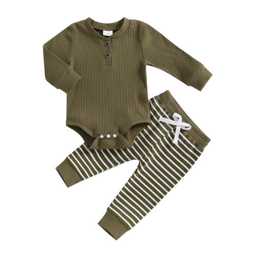 Ulanda Newborn Baby Boy Girl Clothes Ribbed Knitted Long Sleeve Romper Pants Solid Cotton Infant Fall Winter Outfits 2Pcs (Green, 0-3 Months)