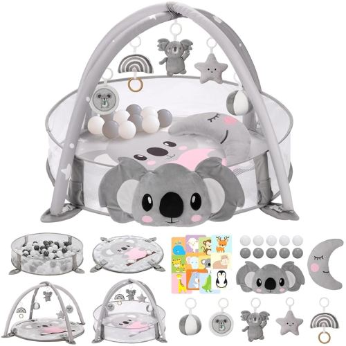 7-in-1 XL Large Baby Play Gym Mat, Tummy Time Mat, Activity Mat, Baby Gym & Ball Pit with Tummy Time Pillow, 10 Balls, Milestone Cards & 5 Detachable Toys Pink Koala