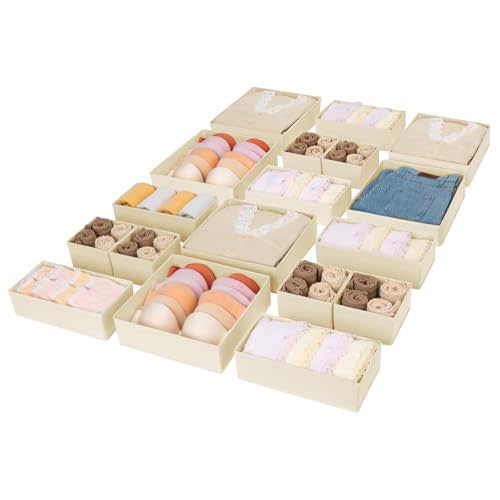 DIMJ Drawer Organizer Clothes, 18 Pack Dresser Organizer, Foldable Closet Organizers and Storage, Fabric Dresser Drawer Organizers, Drawer Dividers for Nursery, Baby Clothes, Underwears, Sock (Beige)