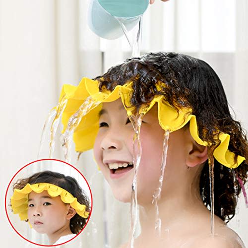 Baby Shower Cap Silicone Bathing Hat, Adjustable Shower Cap Kids, Infants Soft Protection Hat Safety Visor Cap Hat for Toddler Children (Yellow, Big Size(1-12 Years old/16.5-22.8 Inches))