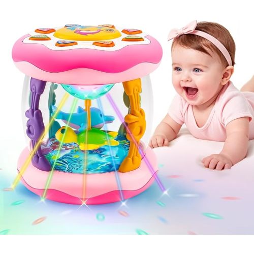 Baby Girl Toys Tummy Time Musical Light Up Ocean Rotating Projector Gifts | Infant Aquarium Crawling Walking Learning Toys Newborn Must Have Babies Girls First Birthday Shower Gifts