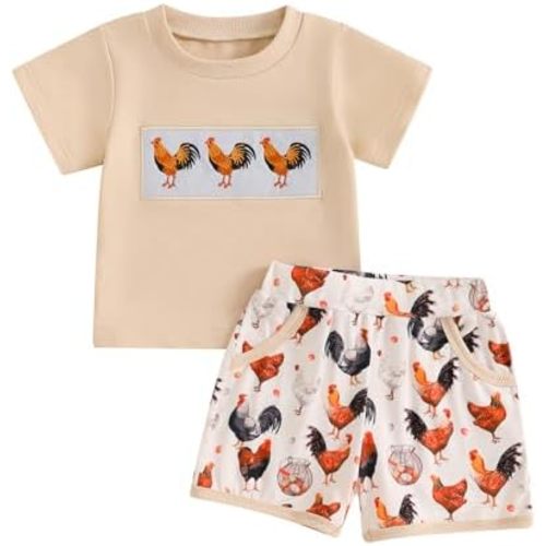 SCEINRET Toddler Boy Summer Outfits Western Baby Boy Clothes Infant Rooster Animal Embroidery Short Sleeve T-Shirt Shorts Set