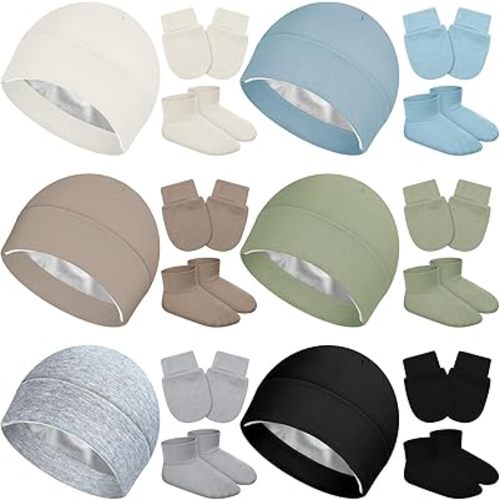 Bonuci 6 Set Satin Lined Newborn Socks Hat and Mittens Baby Socks and Mittens Sets Silk Satin Lined Beanie Toddler Hat Non Slip Sock for Infant Boys and Girls 0-6 Months