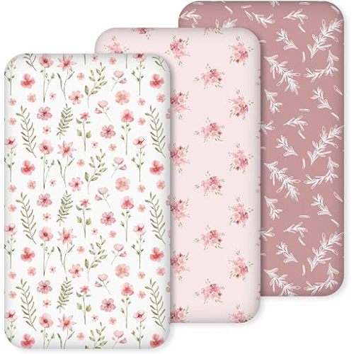 Nap Mat Sheet 47"x24", 3 Pack Pink Floral Baby Crib Sheets Fitted Elastic Corners, Preschool Day Care Rest Mat Cover, Soft Breathable - Compatible with Regalo My Cot, Joovy Travel Cot
