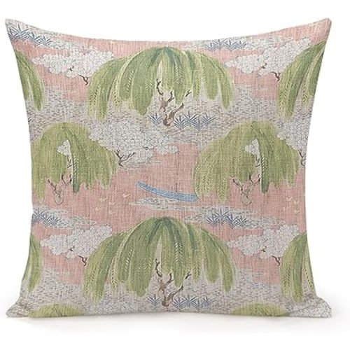 POMOTER Thibaut French Fabric Willow Tree Green Pink Check Throw Pillow Cover,Traditional Checkered Decorative Pillow Cases Cotton Linen Square Cushion Covers for Sofa Couch,20"x20"