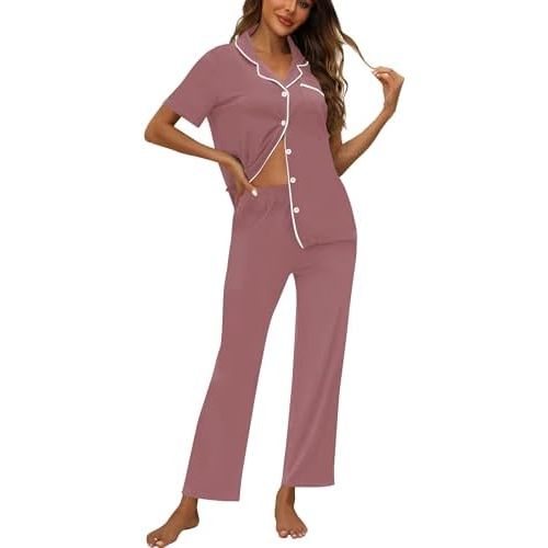 ZMJ Womens Pajamas Sets 2 Piece Button Up Pj Sets Short Sleeve with Long Pant