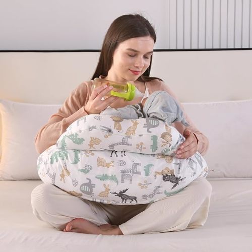 BABYLIAN Nursing Pillow for Breastfeeding,Ergonomic Baby Feeding Pillows with Removable Washable Cotton Slipcover, Adjustable Waist Strap,Plus Size,More Support for Mom and Baby(Nordic Animal World)