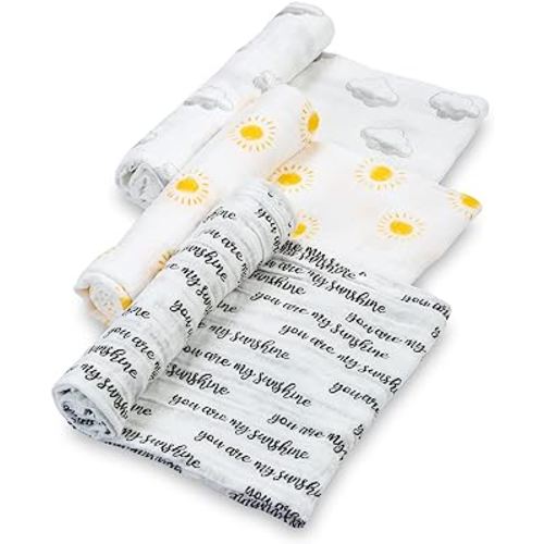 LollyBanks Swaddle Blanket | 100% Muslin Cotton | Gender Neutral Newborn and Baby Nursery Essentials for Girls and Boys, Registry | Sun and Cloud 3 Pack