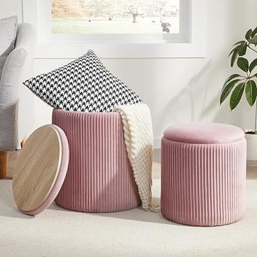 Royal Windsor Round Ottoman with Storage Set of 2,Vanity Stool with Storage for Bedroom, Ottoman Coffee Table,Small Velvet Foot Stool for Living Room, Pink