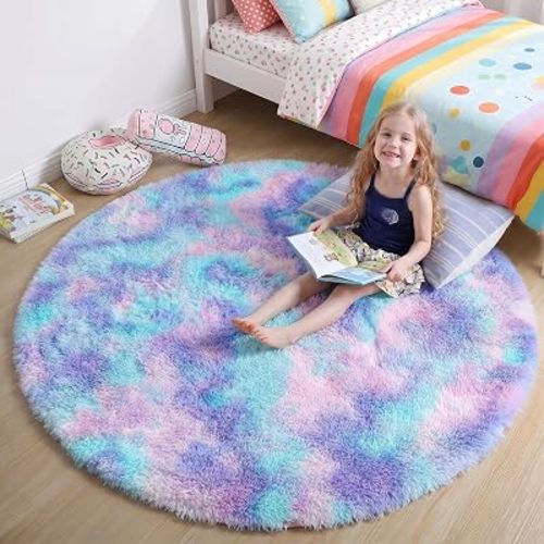 Amdrebio Purple Rainbow Mermaid Shag Round Rug 5Ft for Kids Girls Bedroom