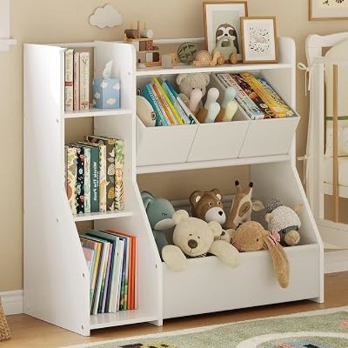 FOUCSSOMEI Kids Toy Storage Organizer with Bookshelf for Playroom & Nursery