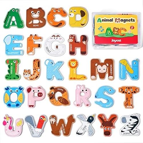 JoyCat Wooden Thick Alphabet Magnets for Toddlers Fridge Large Size Cute Animal Colorful ABC Magnetic Letters 26 Uppercase Letters Educational Toy Set for Kids Toddlers Preschool Learning Spelling