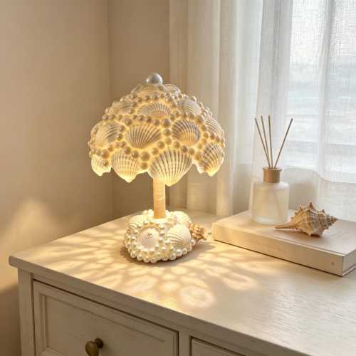 Coastal-style bedside nightlight, vintage seashell table lamp, mermaid-aesthetic bedroom decor, romantic housewarming gift for her