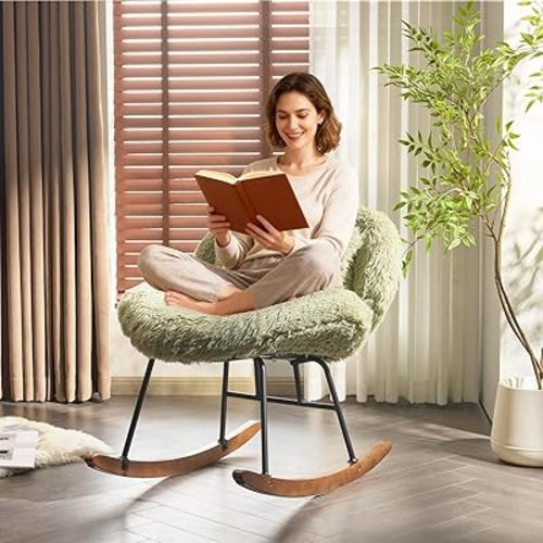 VINGLI 25.6" Extra Wide Criss Cross Nursery Rocking Chair,Cute Curved 115° Reclining Armless Glider,Plush Small Rocker w/Pillow & Solid Wood for Indoor,Bedroom, Living Room,Fluffy Fleece,Lawn Green