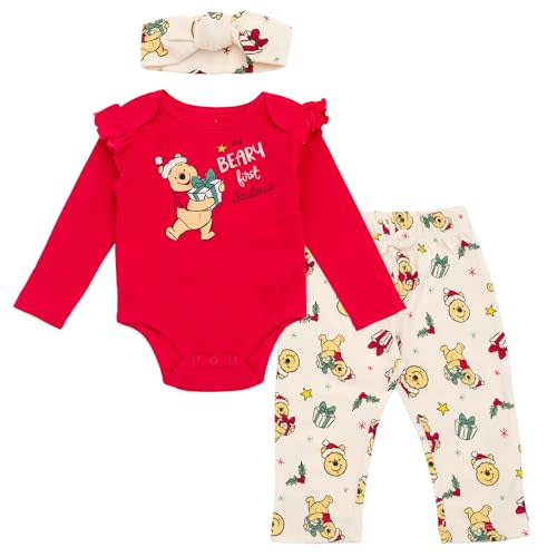 Disney Christmas Baby Girls Bodysuit, Pants and Headband 3 Piece Outfit Set Newborn to Infant Sizes (Newborn - 24 Months)