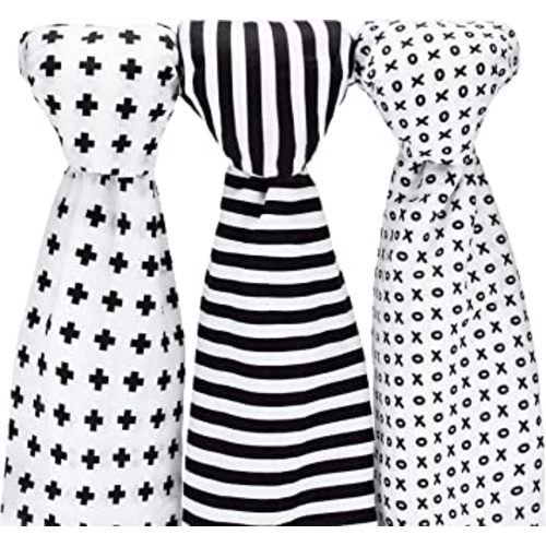 Muslin Baby Swaddle Blankets, 47x47 (3 Pack) Black, White, XO, Stripe, Cross