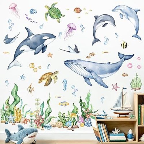Supzone Under the Sea Wall Decals - Ocean Animals Fish Sea Turtle Whale Seaweed Wall Stickers for Kids Baby Nursery Toddlers Bedroom Bathroom Playroom Ocean Theme Decor