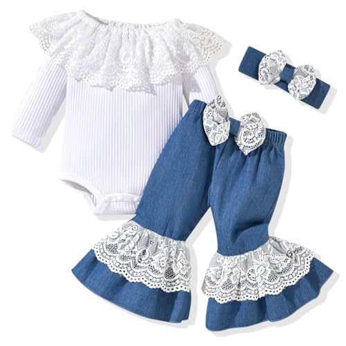 HINTINA Newborn Baby Girl Short Sleeve Bodysuit Flared Pants Ribbed Outfits