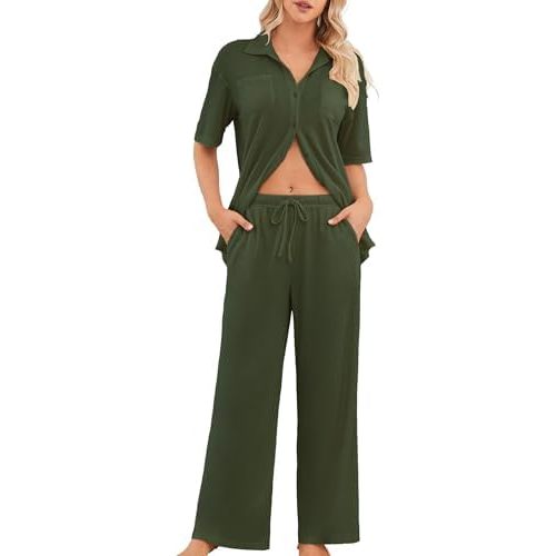 Womens Pajama Sets 2 Piece Outfits Lounge Pjs Waffle Knit Sleepwear Button Down Shirts Wide Leg Pants with Pockets