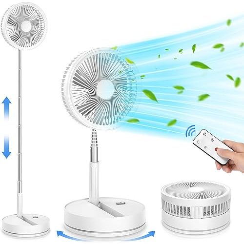 LIPETY Portable Foldable Rechargeable Oscillating Fan - 9" 7200mah Battery Operated USB C Small Fan Remote, Quiet Table Desk Fan Folding Standing Pedestal Fans for Bedroom Rome Office Camping Travel