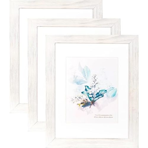 KAIWIN 100% Solid Wood White 11x14 Picture Frame 3 Pack Display Picture 8x10 with Mat, Rustic Wooden Photo Frames for Wall Mounting