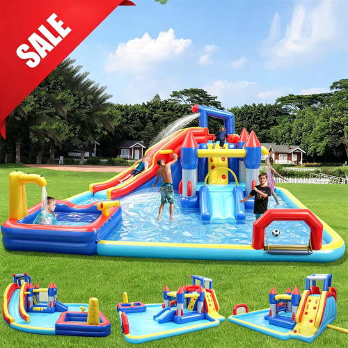 HNH 10 in 1 Inflatable Water Slide Kids Bounce House with Splash Pool & Water Gun & Basketball & Climbing Wall & Dual Pools & Soccer,650W Air Blower, 18.92x17.08FT