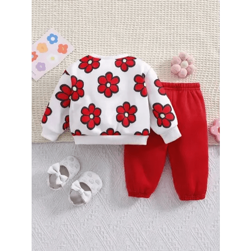 Newborn Baby Girl 2pcs Set, Autumn/Winter Outdoor Casual Pink Knitted Cartoon Floral Fleece Hoodie & Joggers Set, Suitable For Outdoor, Party & Events | SHEIN USA