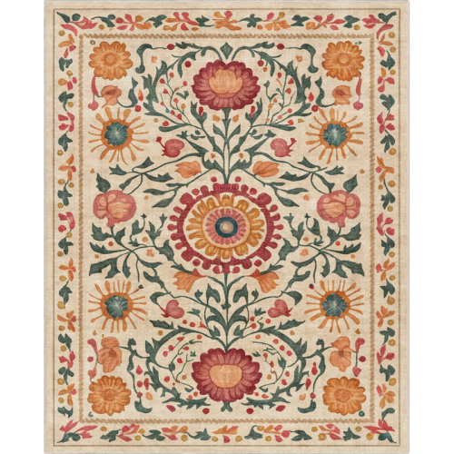 Charlton Home® Apollo Suzani Vintage Floral Beige Flat-Weave Area Rug & Reviews | Wayfair