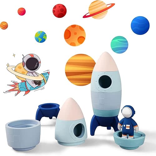 Silicone Rocket Toy Set, 5 Pack Baby Stacking Toys with U-Shaped Astronaut Toy, Montessori Pre-School Astronaut Toy, Food Grade Silicone Stacking Rocket Toy for Toddlers 1-3, Astronaut