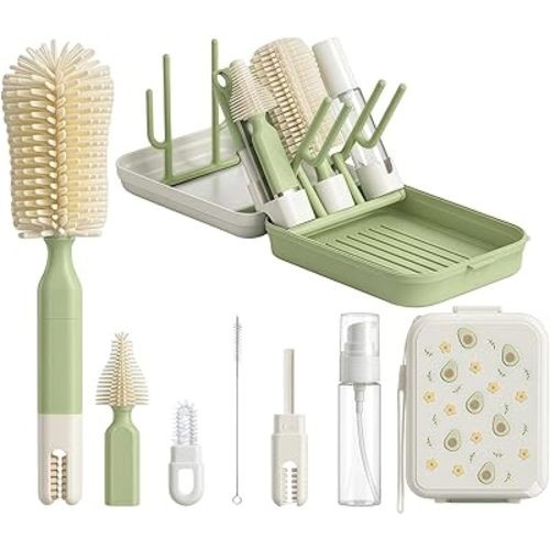 8-in-1 Baby Bottle Brush Set with Drying Rack, Portable Travel Bottle Cleaning Kit, Silicone Cleaner for Newborn Essentials, Nipple & Straw Brush, Soap Dispenser(Green)