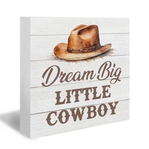 Western Cowboy Wood Box Sign, Dream Big Little Cowboy, Brown Wooden Block Plaque Box Sign, 5x5 Inches, Tabletop Decor