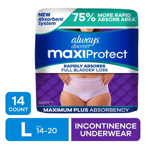 Always Discreet Adult Diapers for Women, MaxiProtect, Incontinence Underwear, Maximum Plus Absorbency, Size L, 14 Count