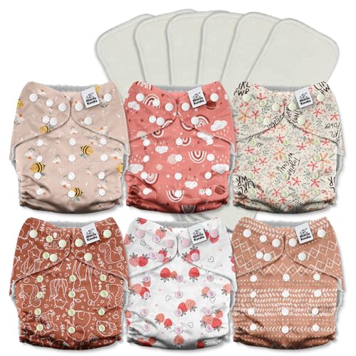 Mama Koala 3.0 Cloth Diapers for Babies with AWJ Lining, 6 Pack with 6 5-Layer Natural Cloth Diaper Inserts - Reusable and Washable Pocket Diapers(A-Pink Memories)