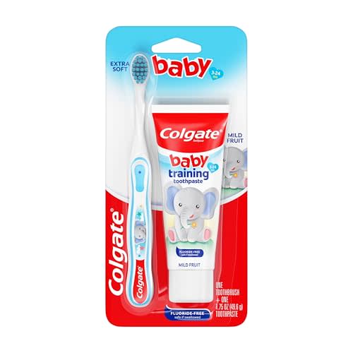 Colgate Baby Toothbrush and Training Toothpaste Bundle | First Toothbrush For Ages 3-24 Months with Extra Soft Bristles, Fluoride Free Toothpaste, Sugar Free, Bubblegum Flavor