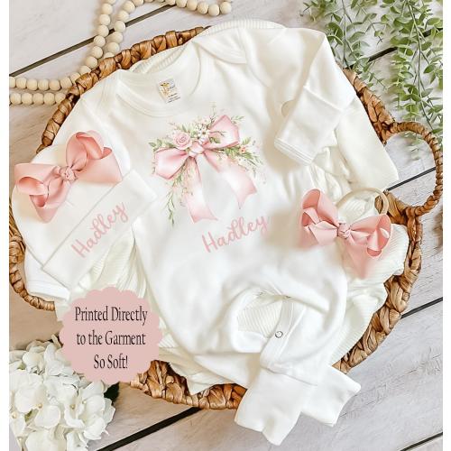 personalized newborn outfit girl Pink Coquette Floral Bow coming home outfit baby girl personalized baby outfit personalized newborn outfit