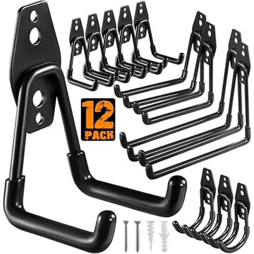 12 Pack Garage Hooks Heavy Duty Utility Steel with Anti-Slip Coating Wall Mount Storage Organizer for Hanging Power and Garden Tools, Ladders, Hose, Bikes, Ropes, Bulk Items, and More
