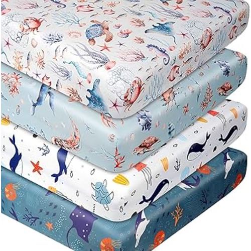 Fitted Baby Crib Sheets Set of 4, Unisex Crib Sheets for Boys Girls, Soft Neutral Crib Mattress Sheet, Breathable for Standard Crib and Toddler Mattress, 52 x 28 Inch (Blue Ocean)