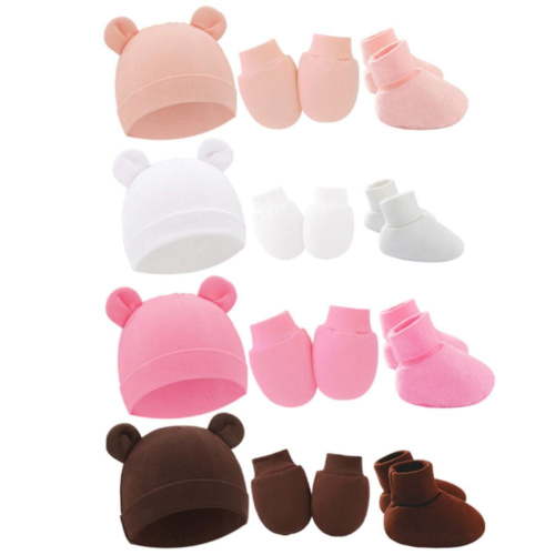 4Pack Newborn Baby Boy Girl Bear Ear Hat and Mitten Footcuff Sets Infant Cotton Beanie Gloves Newborn Hospital Hat 0-6M