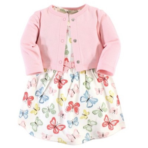 Touched by Nature Baby and Toddler Girl Organic Cotton Dress and Cardigan 2pc Set, Butterflies, 9-12 Months