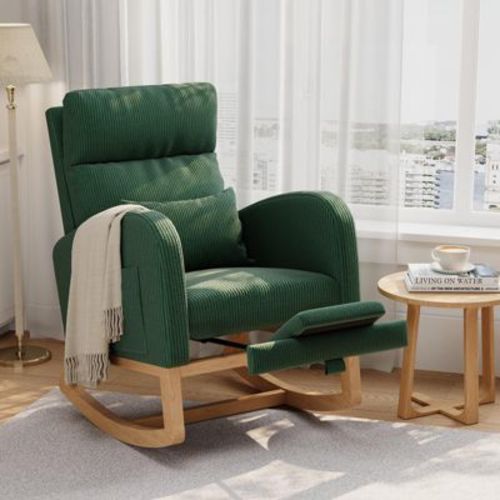 Corduroy Nursery Rocking Chair with Footrest, Modern Upholstered Glider Chair with Side Pockets & Pillow, Rocker Chair for Living Room Bedroom, Green
