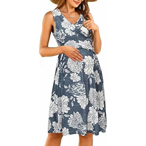 OUGES Womens V-Neck Sleeveless Summer Floral Maternity Dresses Nursing Gown Breastfeeding Dress