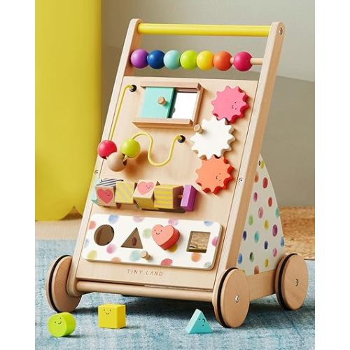 Tiny Land Wooden Baby Walker with Adjustable Speed, Montessori Activity Push Walker Toy for Toddlers, Colorful Learning Walker for Boys & Girls (Rainbow)