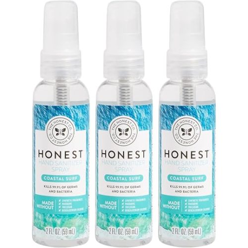 The Honest Company Plant-Based Hand Sanitizer Spray | Kills 99.9% of Germs | Hypoallergenic, Quick-drying + Moisturizing | Coastal Surf, 2 fl oz each (pack of 3)