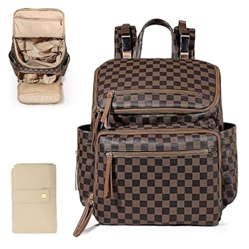 Omanmoli Checkered Diaper Bag Backpack Large Baby Diaper Bag Leather with 17 Diaper Bag Organizing Pouches,Changing Pad,Stroller Straps,4 Insulated Pockets, Coffee