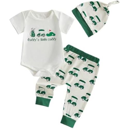 Baby Boy Girl Golf Outfit Daddy's Little Caddy Short Sleeve Romper Golf Cart Long Pants Set Infant Spring Clothes Hat