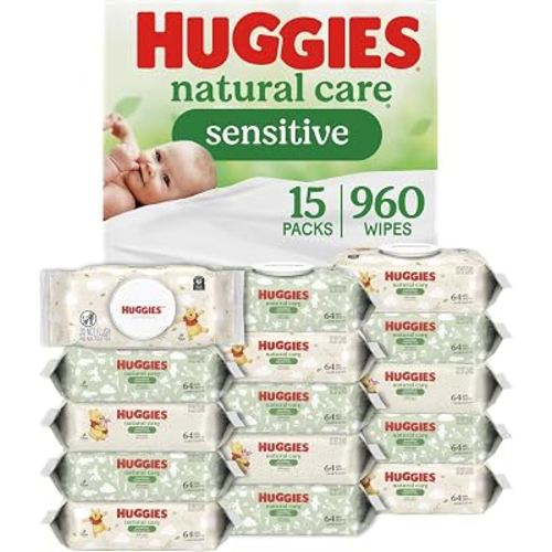 Huggies Natural Care Sensitive Baby Wipes, Unscented, 15 Packs, 960 Wipes | Fragrance Free, Gentle Clean, Hypoallergenic, Dermatologist Tested, No Harsh Irritants, 1-Handed Dispensing