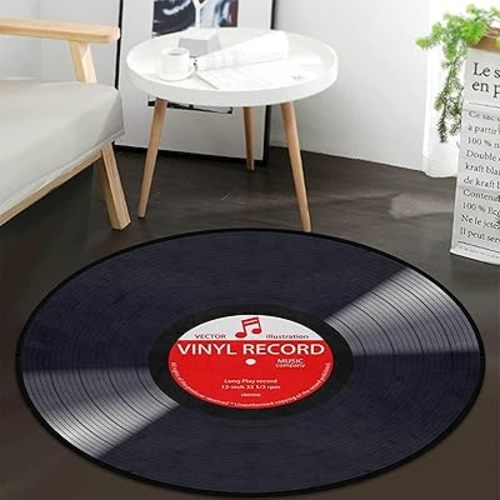 keepcute Music Record Black Round Area Rug for Bedroom Living Room Study Playing Non-Slip Floor Mat Carpet Home Decor Rugs, 4' x 4' Round