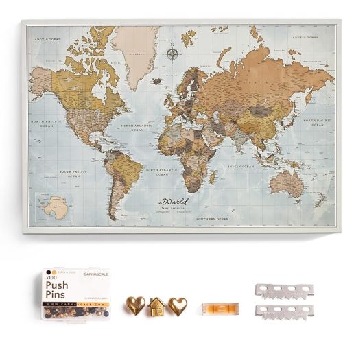 Canvas World Map with Cork Pin Board - English Lettering - Decorative Wall Decoration for All Rooms - Canvas Pictures with World Map Motif (70x50 cm, Pattern 14)